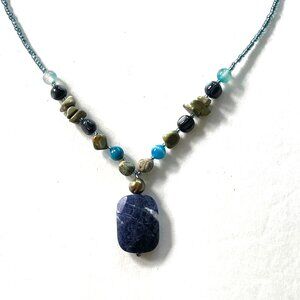 Handcrafted Beaded 18" Necklace With Blue Gemstone Pendant & Adjustable Lobster